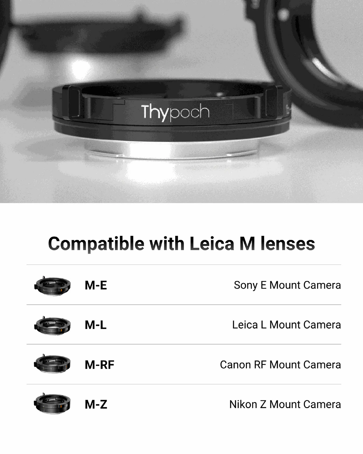 Thypoch M lens mount adapter compatible with Leica M lenses for Sony E, Leica L, Canon RF, and Nikon Z cameras