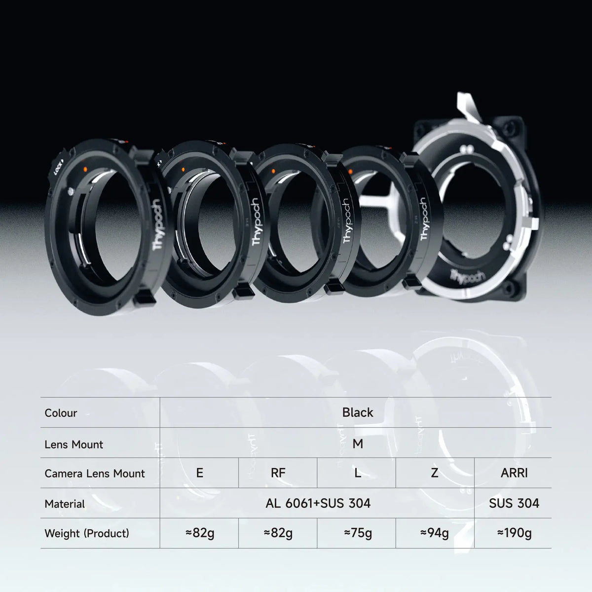 Thypoch Manual M Lens Adapter Ring compatible with Cooke SP3, Leitz M0.8, and Leica M lenses for Canon RF, E, L, Z, and ARRI mounts, made of aerospace-grade aluminum alloy, black color, durable and lightweight.