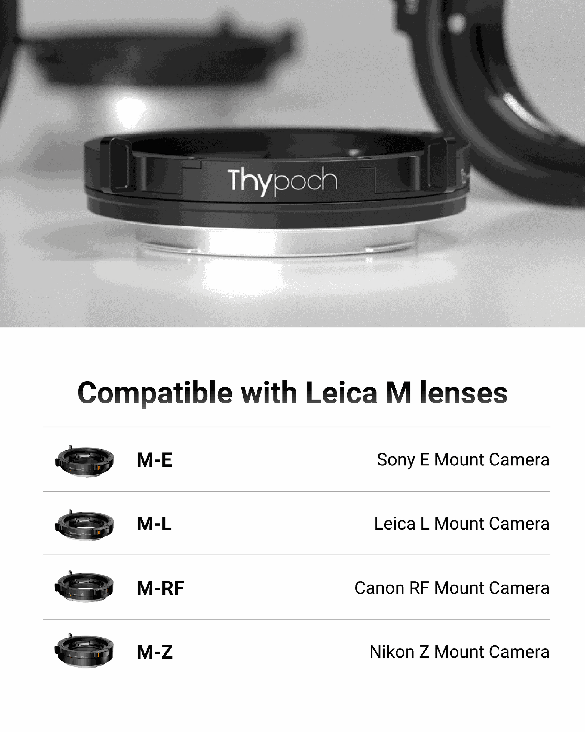 Thypoch M lens mount adapter compatible with Leica M lenses for Sony E, Leica L, Canon RF, and Nikon Z cameras