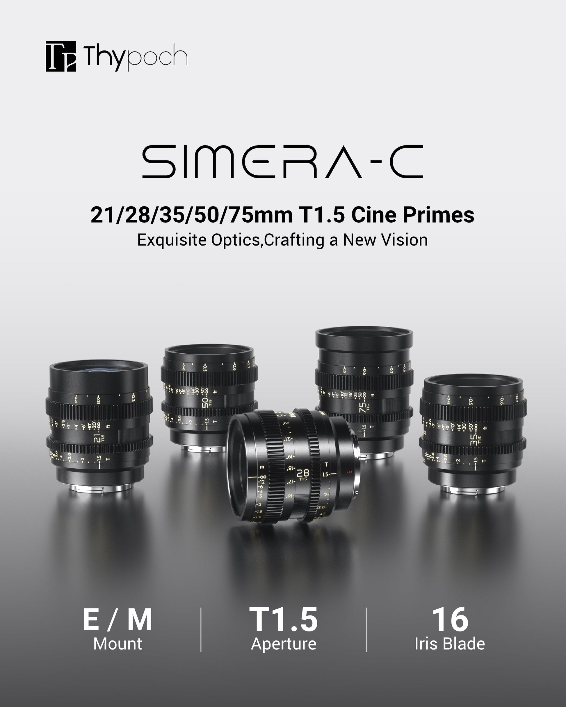 Simera-C manual cine lens kit with 21/28/35/50/75mm T1.5 aperture, Leica M and Sony E mount compatibility, 16-blade iris, for sharp, low-light full-frame camera photography