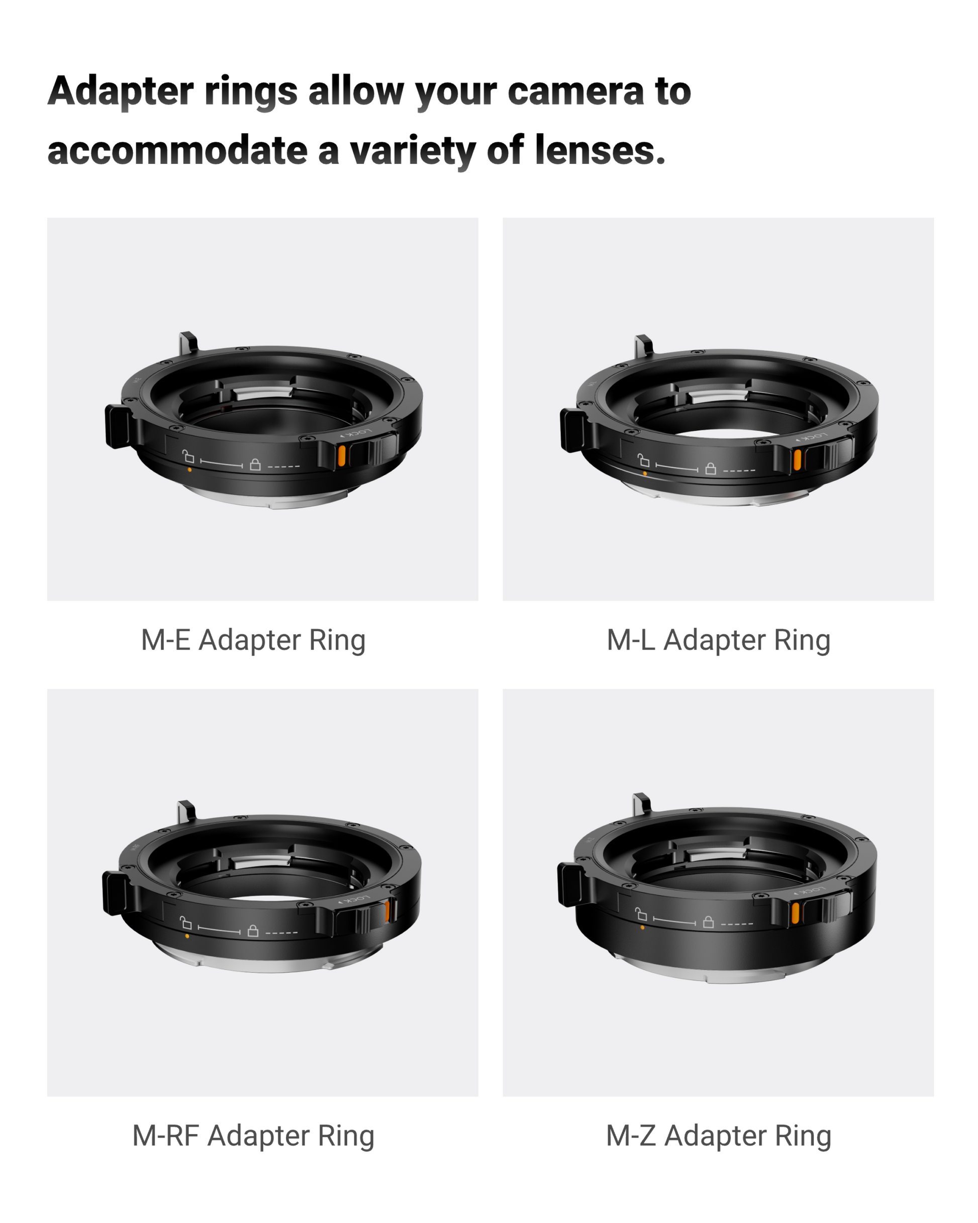 Thypoch M Lens Mount Adapter Auto-Lock showing M-E, M-L, M-RF, and M-Z adapter rings for Leica M lenses compatibility with Canon RF cameras