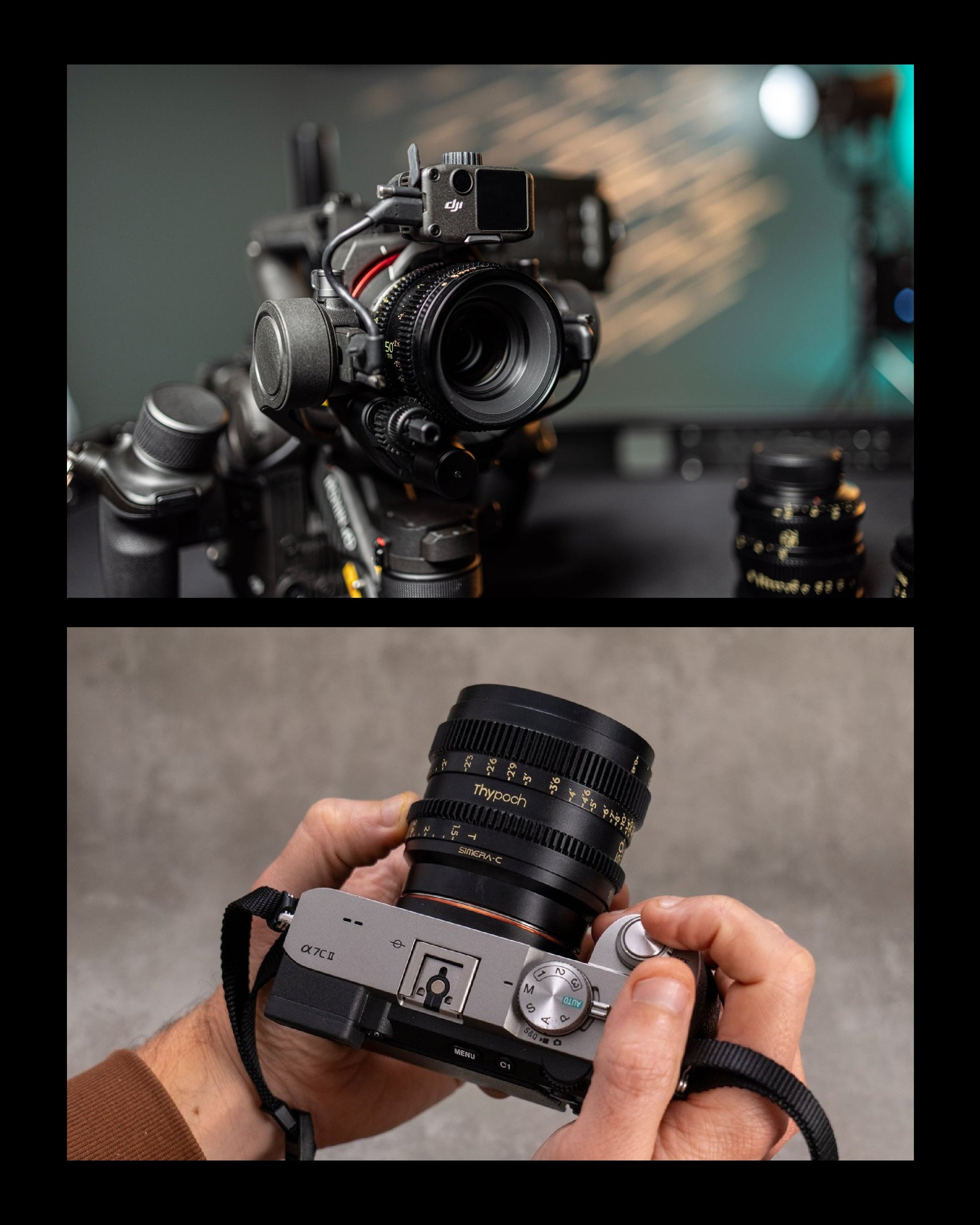 Simera-C manual cine lens kit with Leica M-mount, compatible with Sony E-mount full-frame cameras, featuring smooth manual focus and premium metal design.
