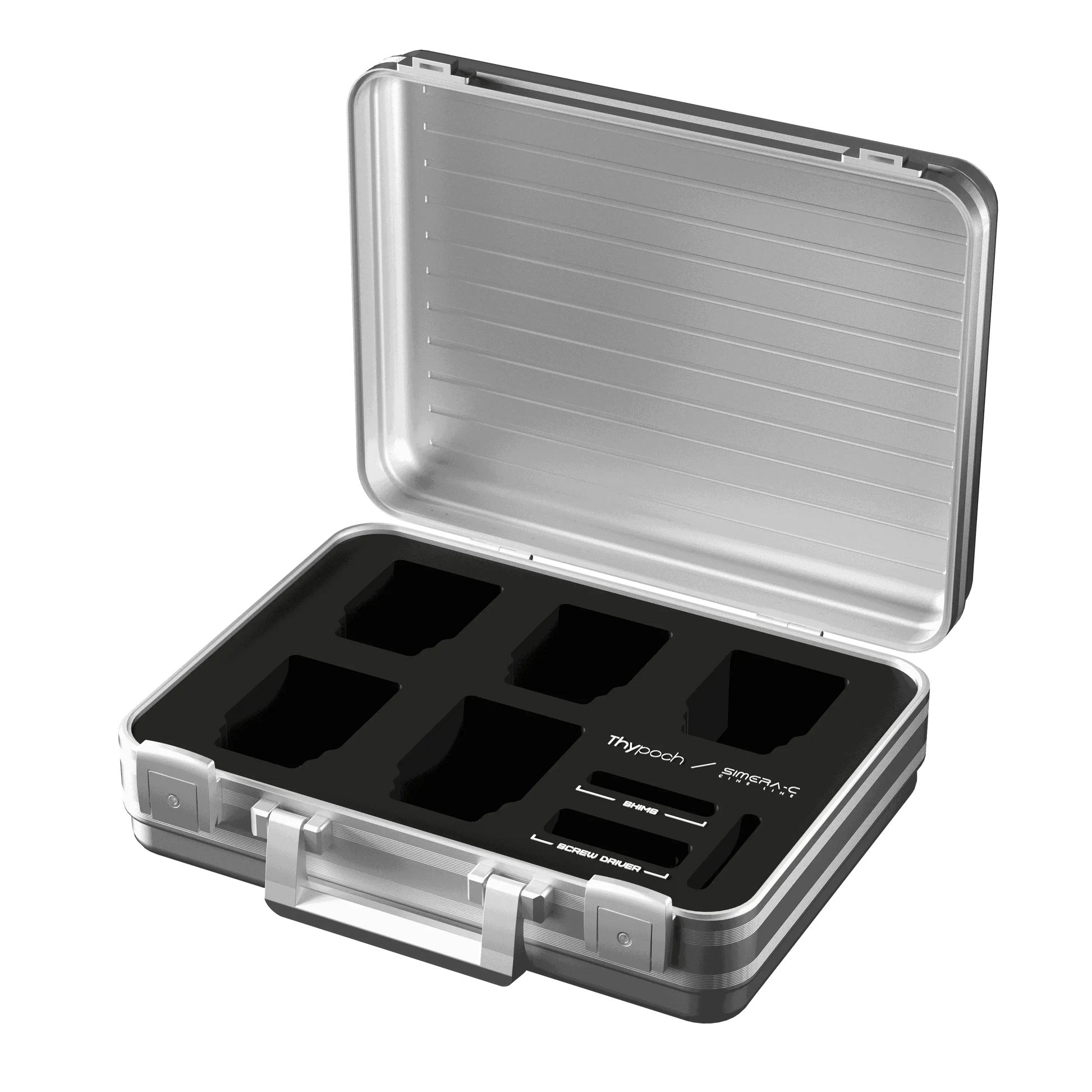 Simera-C Lenses Hard Case in silver with foam insert and five lens cutouts.