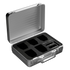 Simera-C Lenses Hard Case in silver with foam insert and cutouts for lenses, featuring a folding handle and latch closures.