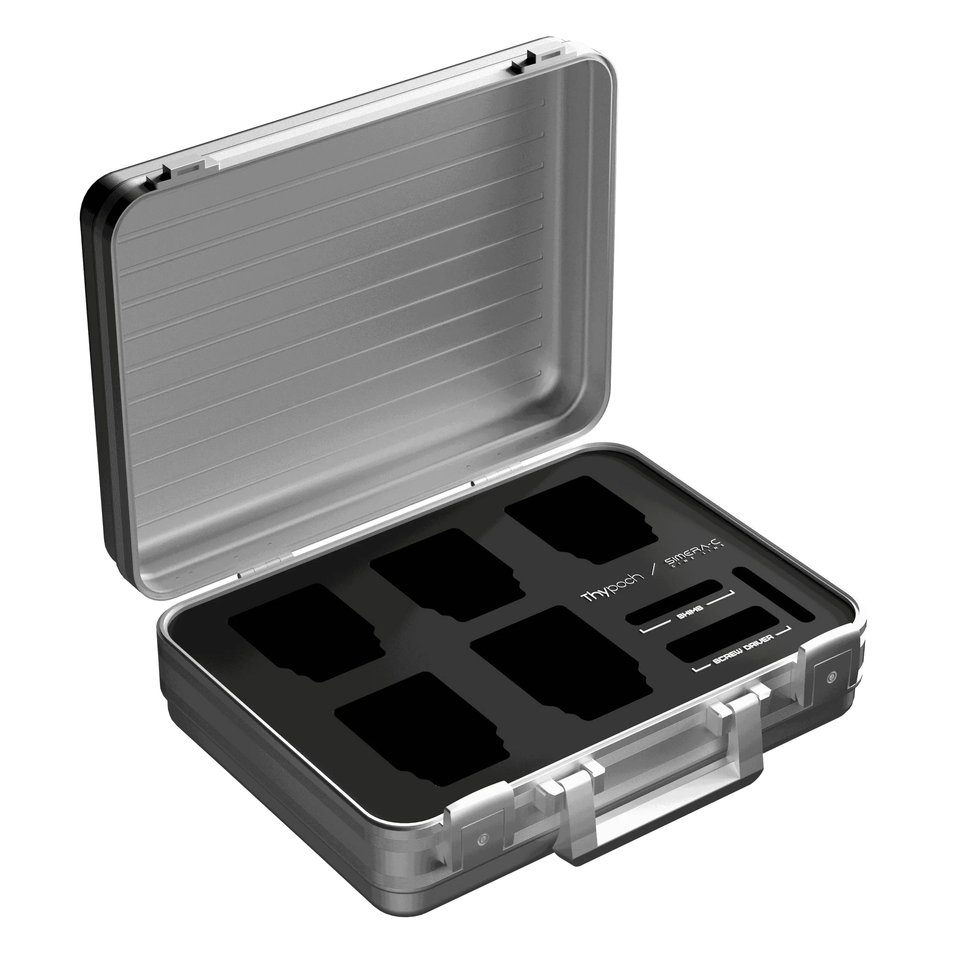 Simera-C Lenses Hard Case in silver with foam insert and cutouts for lenses, featuring a folding handle and latch closures.