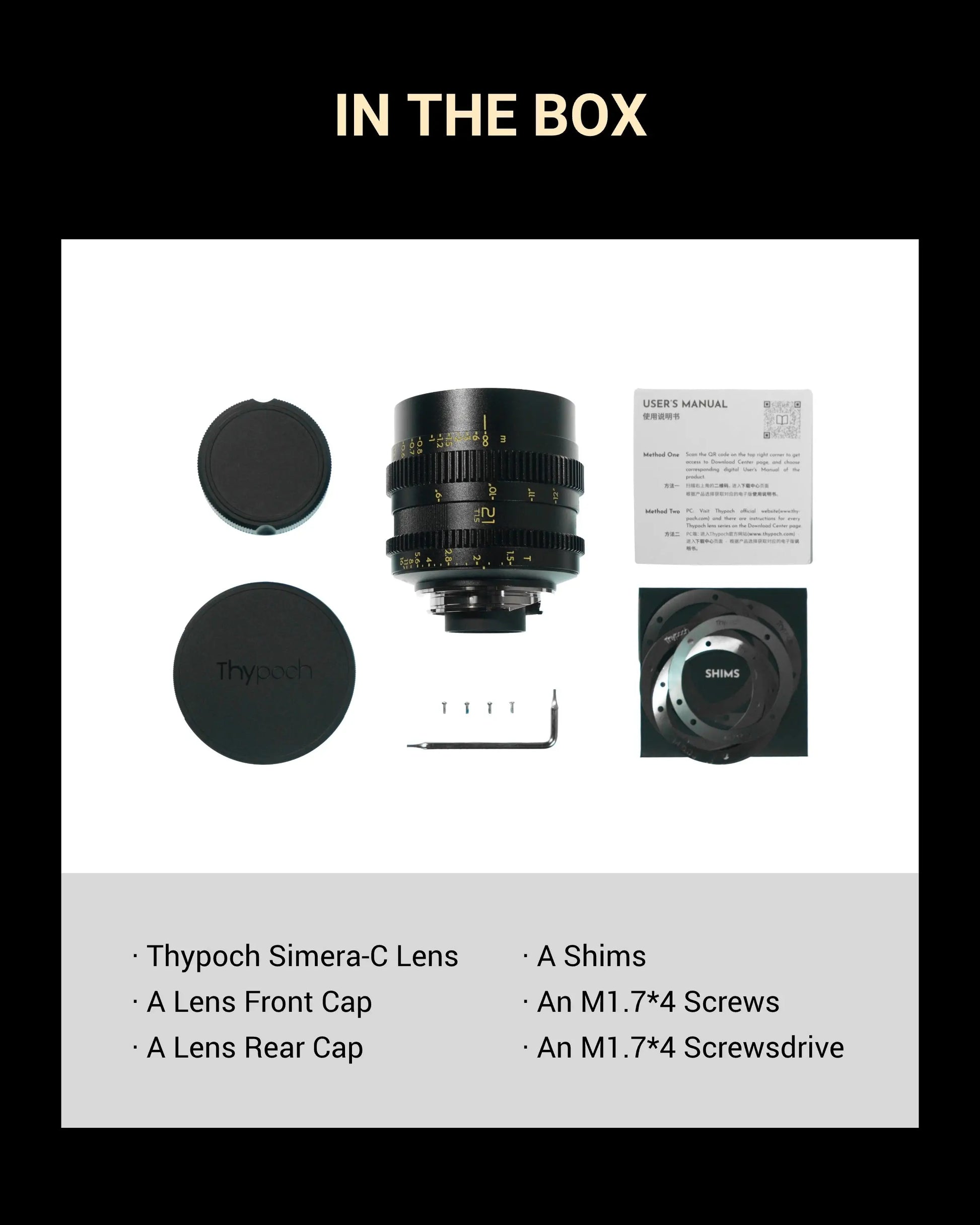 Simera-C manual cine camera lens with Leica M mount, lens caps, screws, and screwdriver kit for Sony E-mount and full-frame cameras