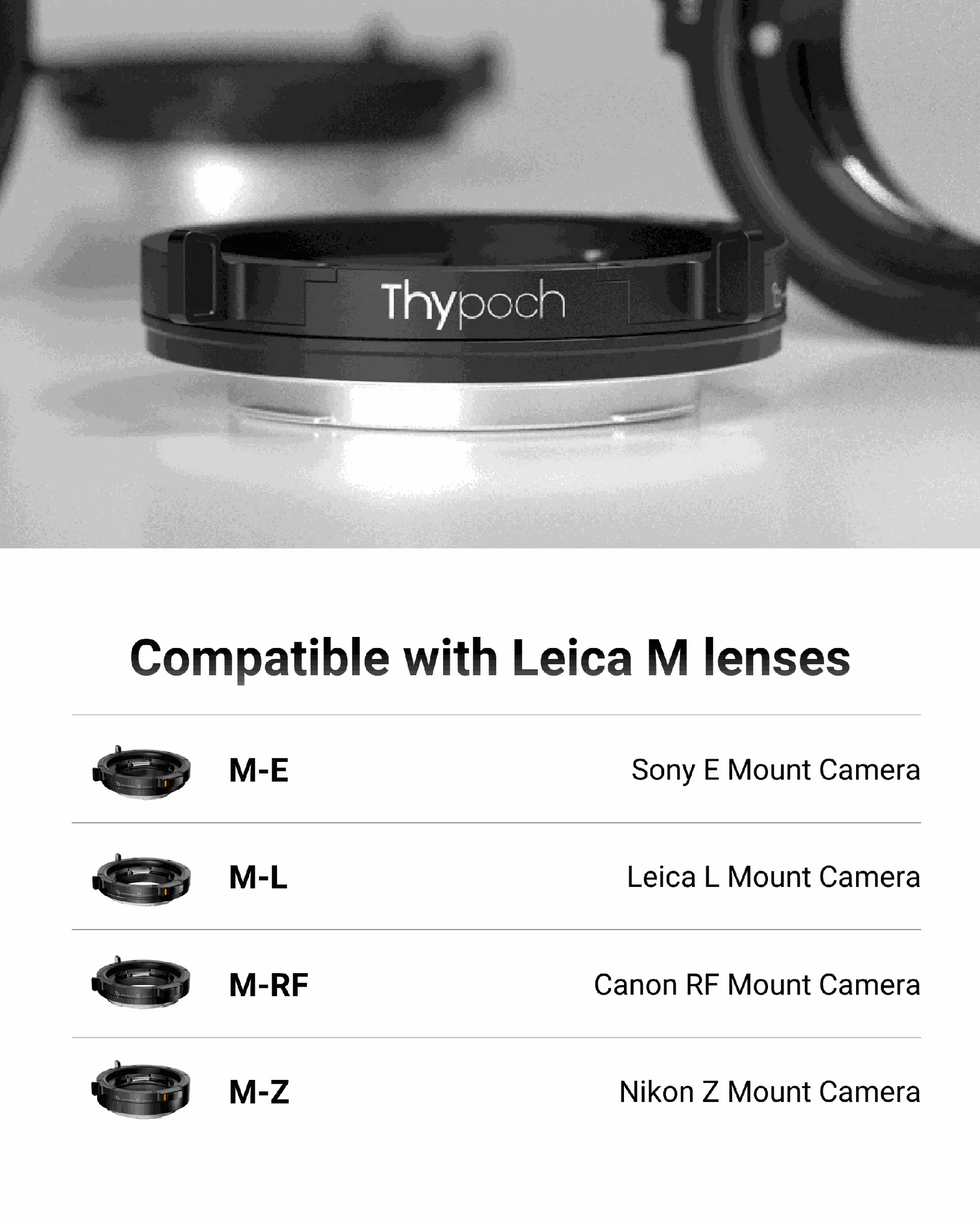 Thypoch M lens mount adapter compatible with Leica M lenses for Sony E, Leica L, Canon RF, and Nikon Z cameras