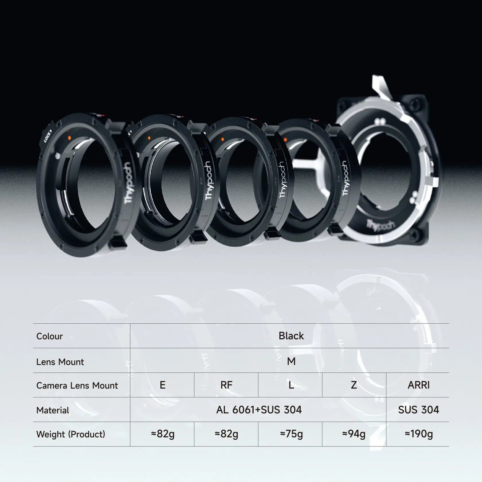 Thypoch Manual M Lens Adapter Ring compatible with Cooke SP3, Leitz M0.8, and Leica M lenses for Canon RF, E, L, Z, and ARRI mounts, made of aerospace-grade aluminum alloy, black color, durable and lightweight.