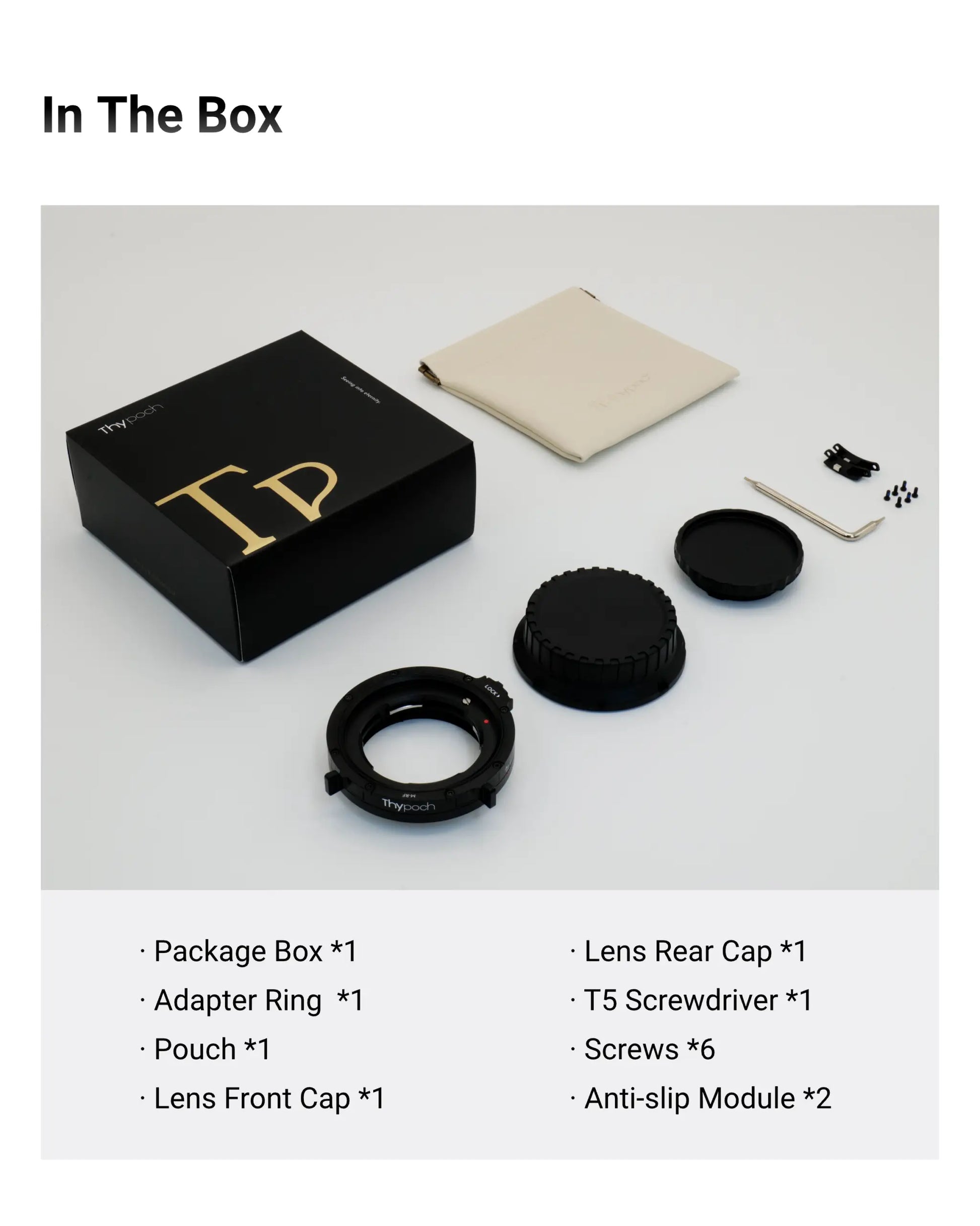 Thypoch M Lens Mount Adapter kit with adapter ring, lens caps, screwdriver, screws, anti-slip modules, and package box for Leica M lenses on Canon RF and other mounts.