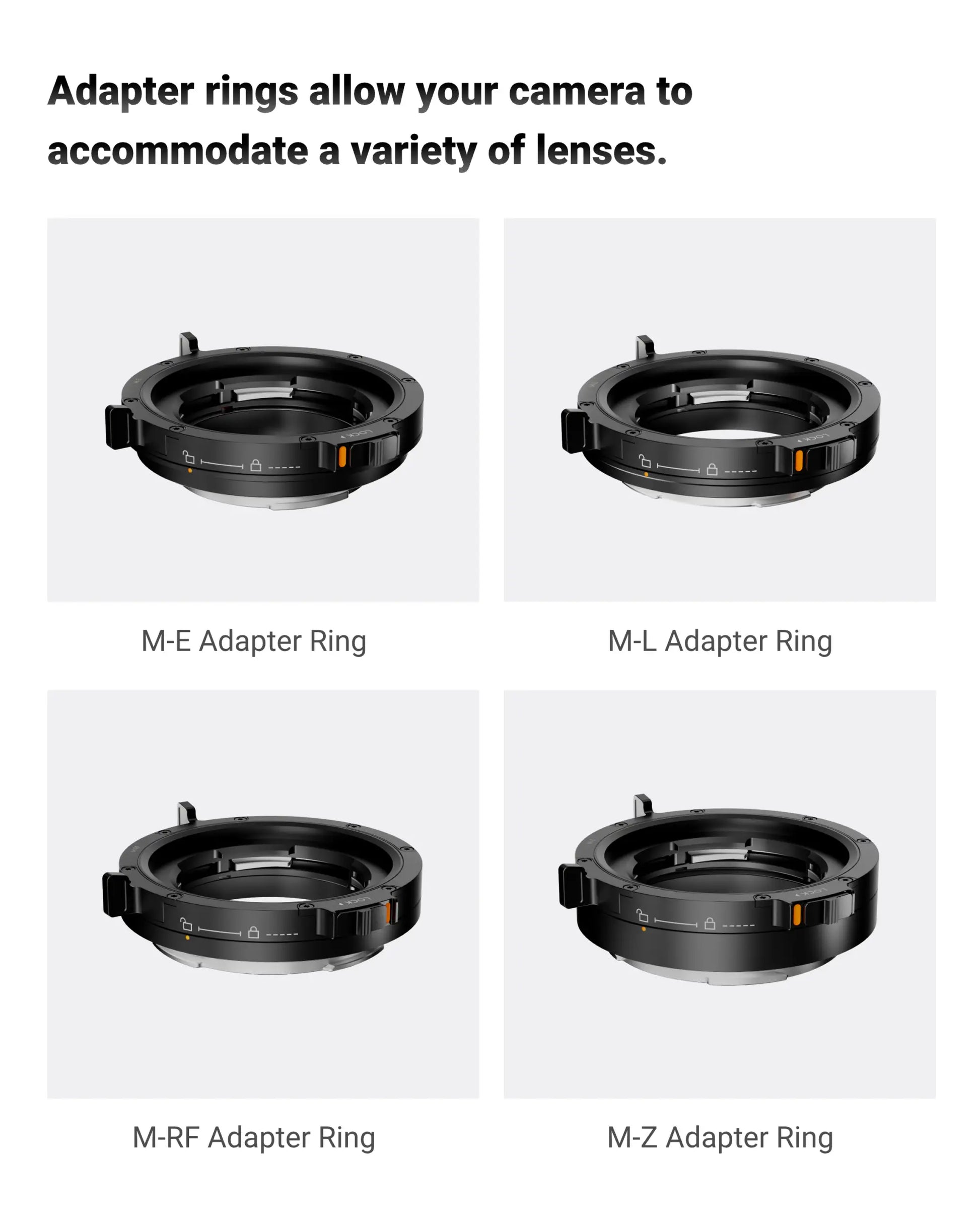 Thypoch M Lens Mount Adapter Auto-Lock showing M-E, M-L, M-RF, and M-Z adapter rings for Leica M lenses compatibility with Canon RF cameras