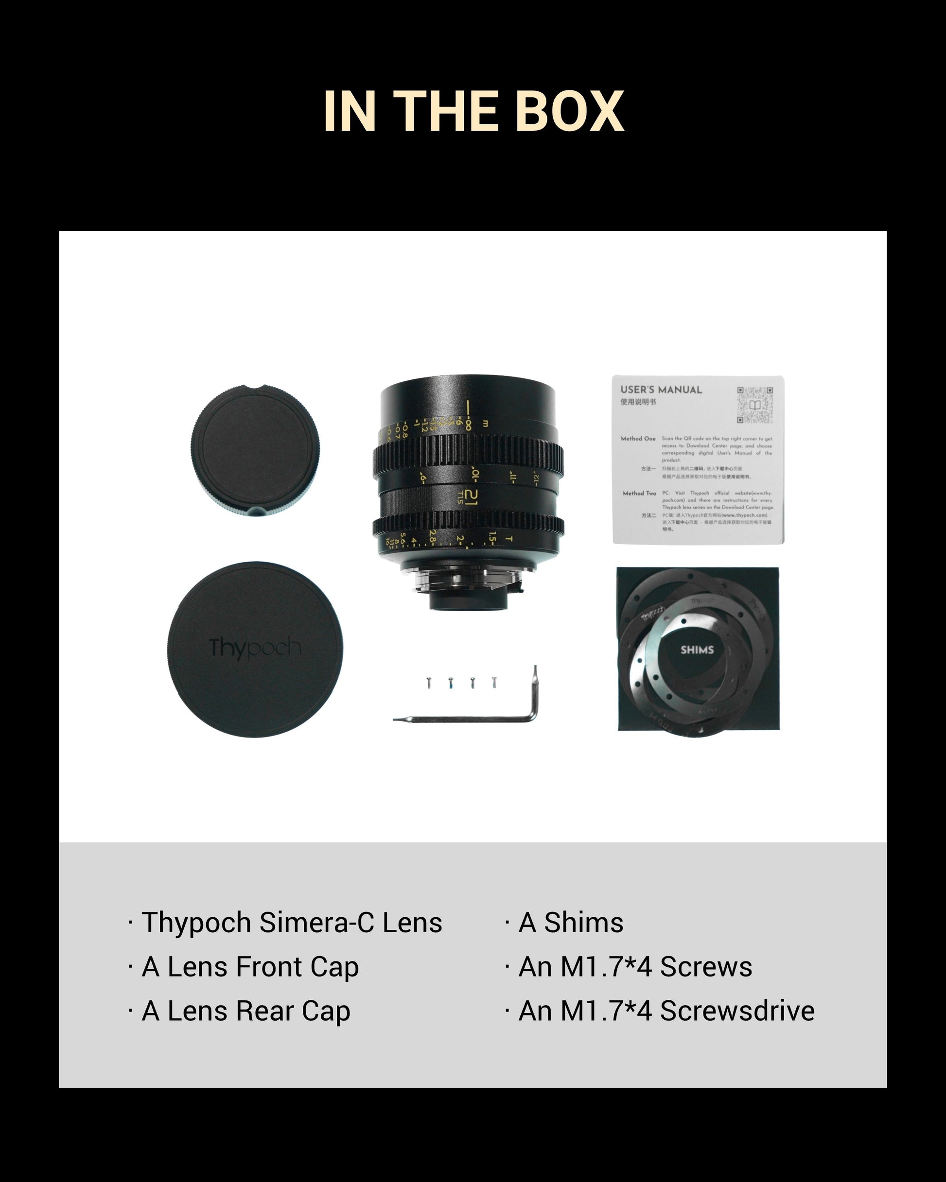 Simera-C manual cine camera lens with Leica M mount, lens caps, screws, and screwdriver kit for Sony E-mount and full-frame cameras