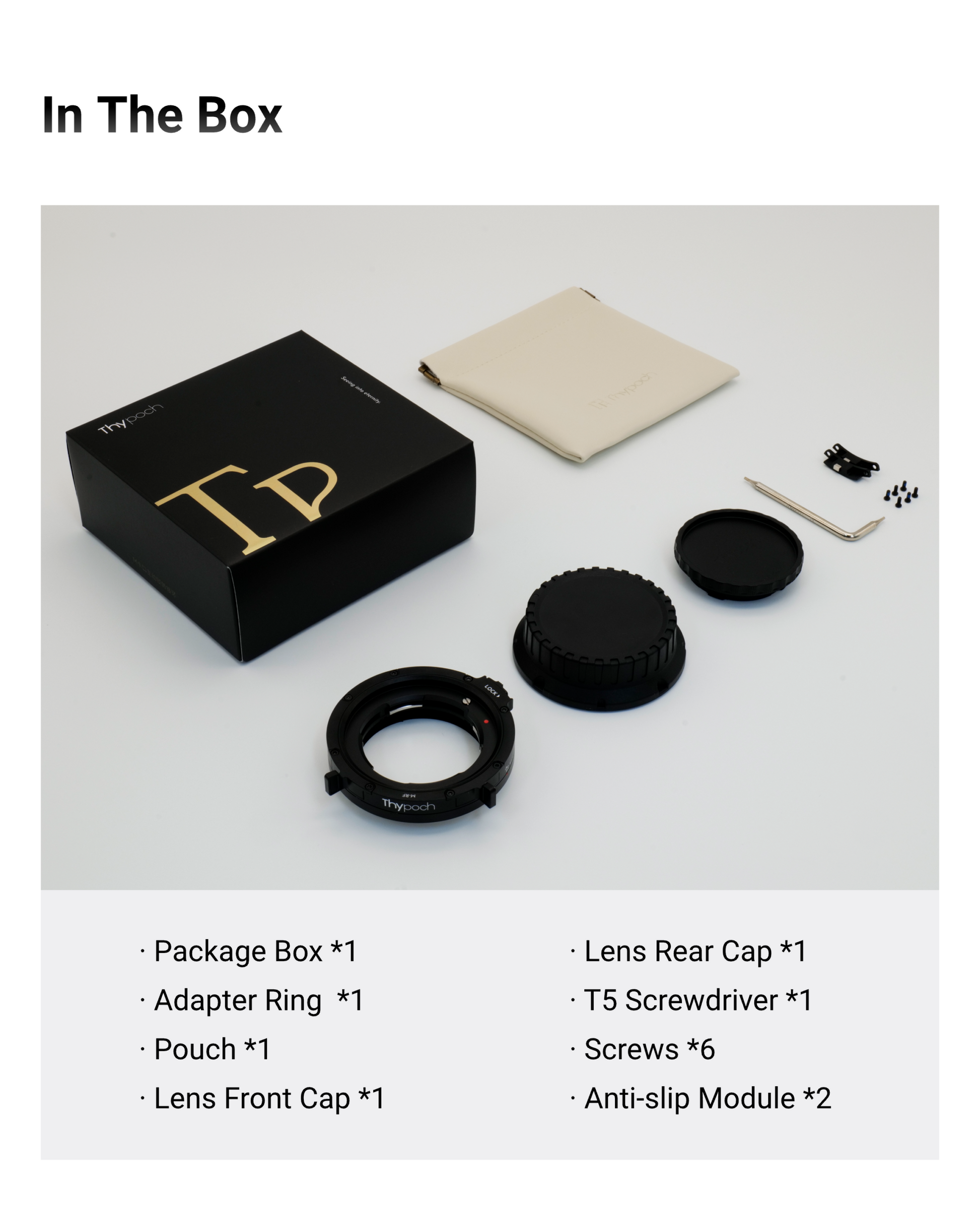 Thypoch M Lens Mount Adapter kit with adapter ring, lens caps, screwdriver, screws, anti-slip modules, and package box for Leica M lenses on Canon RF and other mounts.